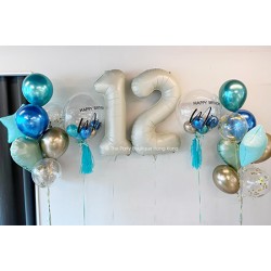  Personalized Bubble and Number Balloon Bouquets (Sand White+Blue+Green) 