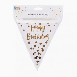 Bunting - White & Gold Gold Polka Dot Happy Birthday 
