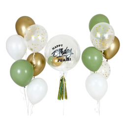   Personalized Bubble Balloon Bouquets (Gold+Avocado Green)