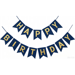         Bunting - Navy Blue & Gold Happy Birthday Fish Tail (16cm x 11cm, 13 flags)