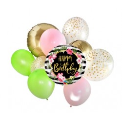    Happy Birthday Tropical & Pink Latex Balloon Bouquet (with weight)