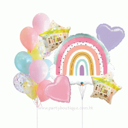 柔和手繪風彩虹生日氣球組合