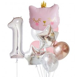 Crown Cat Pink & Number Balloon Bouquet (with weight)