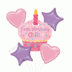 1st Birthday Cupcake Girl Foil Balloon Bouquet of 5 (with weight)