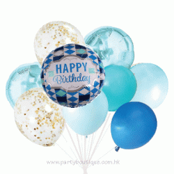 Happy Birthday Blue Gold Balloon Bouquet (with weight)