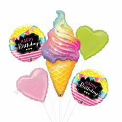Rainbow Swirl Ice Cream Cone Foil Balloon Bouquet of 5 (with weight)