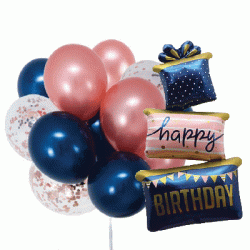 Rose Gold & Navy Birthday Gift Balloon Bouquet (with weight)