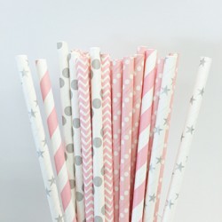 Paper Straw Assortment - Pink & Silver, 25pcs
