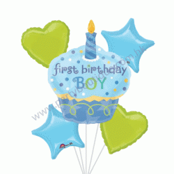 1st Birthday Cupcake Boy Foil Balloon Bouquet of 5 (with weight)