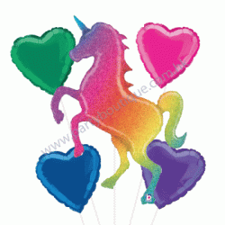 Unicorn Glitter Rainbow Foil Balloon Bouquet of 5 (with weight)