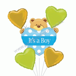 Baby Boy Big Heart Bear Foil Balloon Bouquet of 5 (with weight)