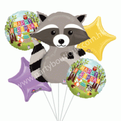 Woodland Raccoon Birthday Foil Balloon Bouquet of 5 (with weight)