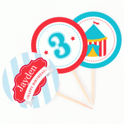  Personalized Circus Party 2" Cupcake Topper, 12pcs
