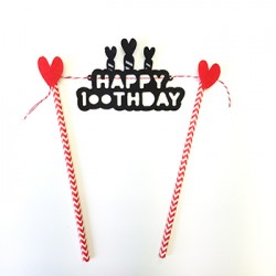 Cake Topper with Paper Straw - Happy Birthday Black