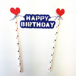 Cake Topper with Paper Straw - Happy Birthday Blue