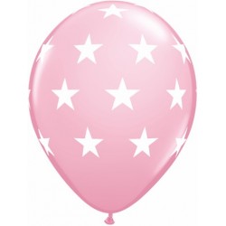 11" Round Big White Stars Pink Latex Balloon (with helium)
