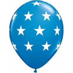 11" Round Big White Stars Dark Blue Latex Balloon (with helium)