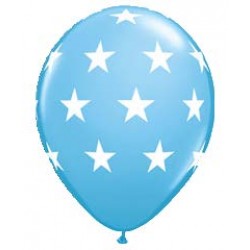 11" Round Big White Stars Pale Blue Latex Balloon (with helium)