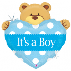 Baby Boy Big Heart Bear Foil Balloon - 39.5"W x 40"H