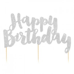 Cake Topper - Happy Birthday Silver Glitter